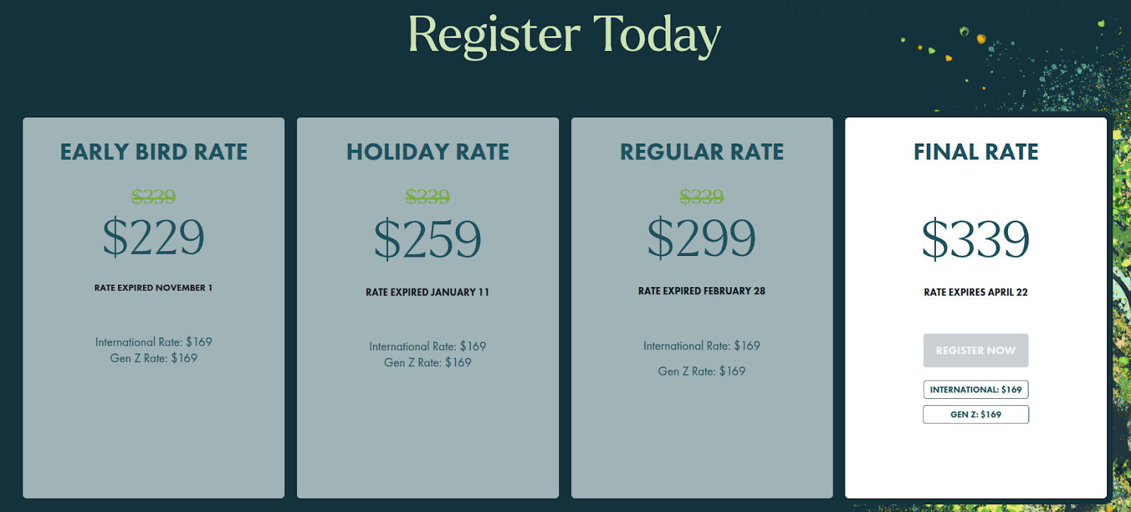 A range of prices from $229 to $339