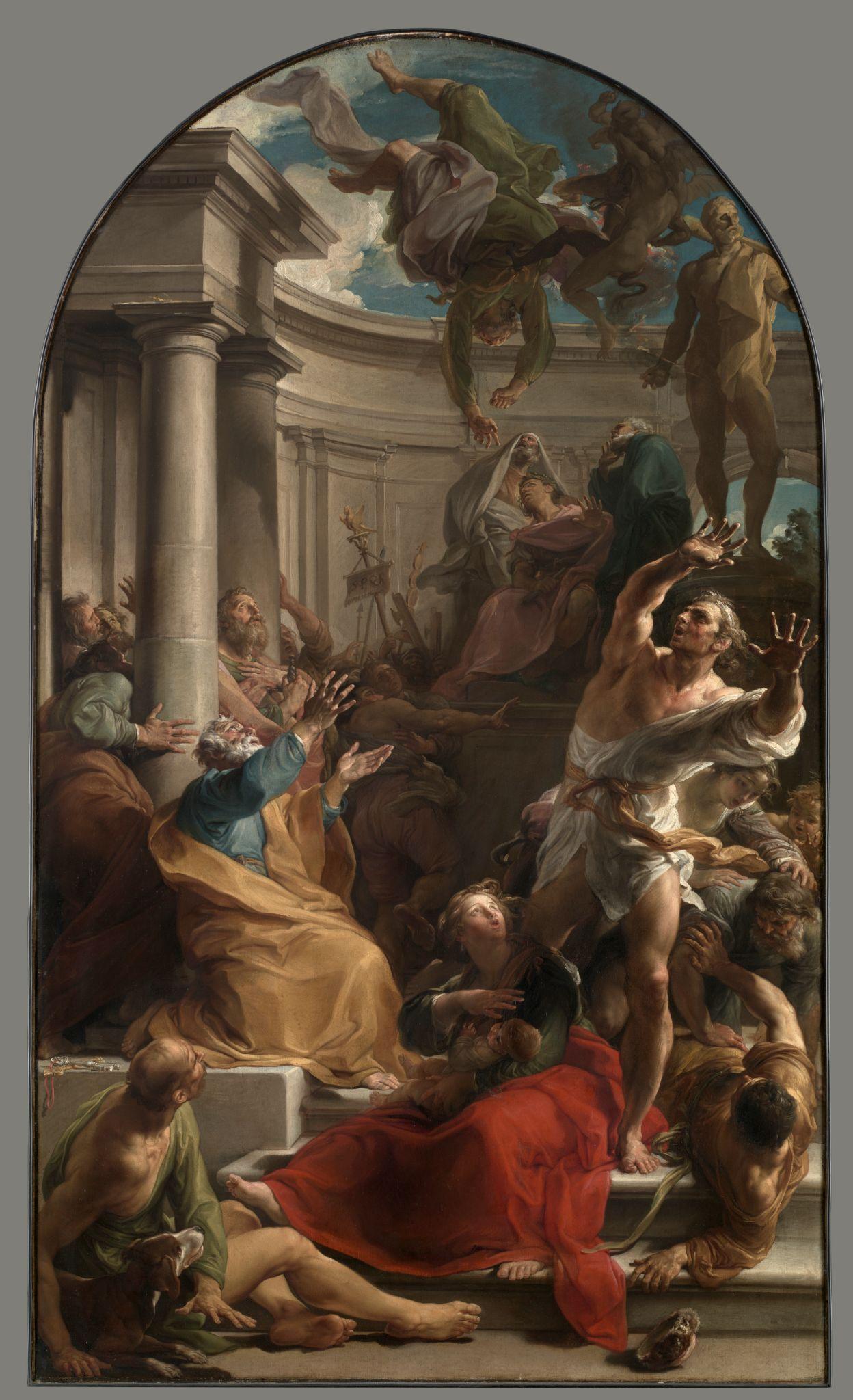 Painting titled The Fall of Simon Magus by Pompeo Batoni, 1745–1750.